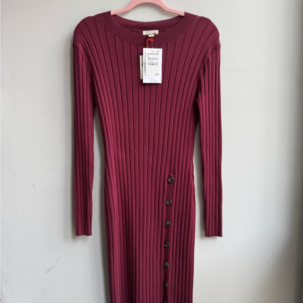 NWT Open Edit Ribbed Knit Midi Dress • Burgundy • Long Sleeve